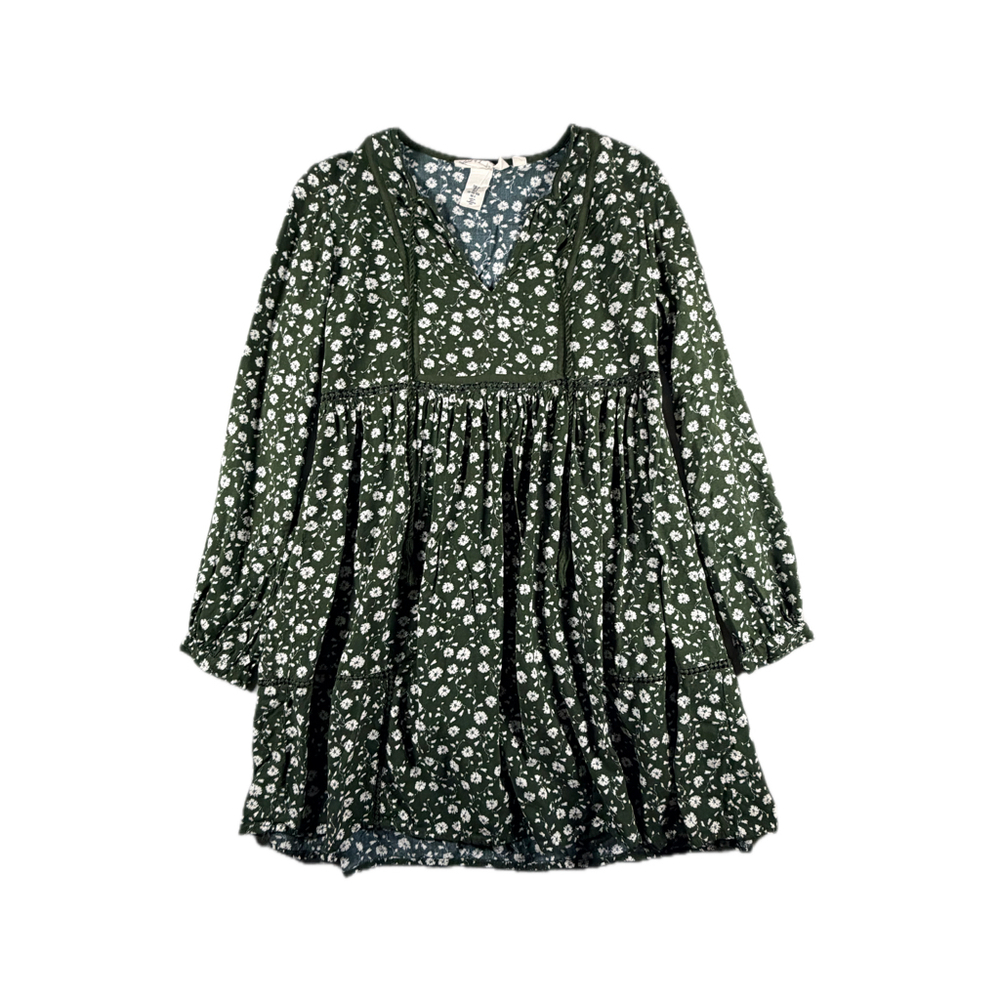 H&M Womens Dress Size 4 Green Floral Long Sleeve Tiered Babydoll Mini